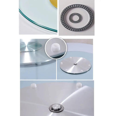 Badass Tempered Glass Lazy Susan Turntable Smooth Swivel Round Serving Platter Heavy Duty Aluminum Base close-up of base and components.