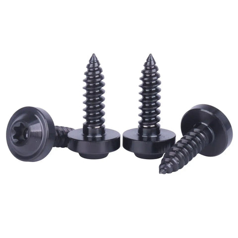 Four black Badass Titanium Self Tapping Screws M5 X 18Mm Torx Head Design for automotive repair and fastening projects.