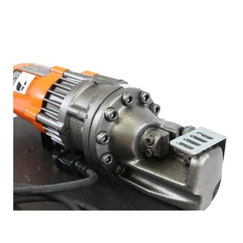 Professional Grade Electric Rebar Cutter Cuts Number 5 Steel Bars With A Hardcore Cold Cutting Shear Setup view of cutting head and motor.