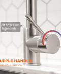 Close-up of handle on LED Light Kitchen Faucet With Pull Down Sprayer In SS304 Stainless Steel Brushed Nickel Finish For Farmhouse RV Camper Laundry Utility Wet Bar Sinks Industrial Single Handle.