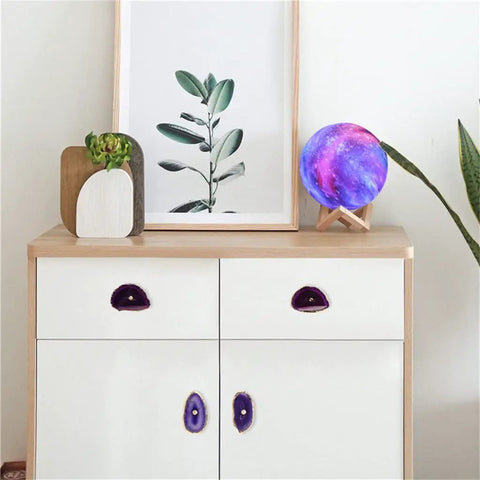 Premium Natural Agate Stone Cabinet Drawer Knobs With Slick Gold Plated Edges For Dressers And Closet Furniture on white cabinets.