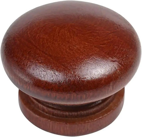 Heavy Duty Round Wood Drawer Knobs For Dressers And Cabinets, Slick Red Brown Finish With Hassle Free Mounting Screws, Pro Level Furniture Pull Handles Set Of Ten - close-up view of a round wooden knob.