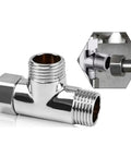 Rock Solid Three Way Brass Diverter Valve Tee Joint Connector With Half Inch Threading For Heavy Duty Bathrooms, chrome finish, side view.