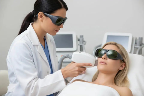 Next Level Ipl Laser Safety Glasses Providing Hella Solid Eye Protection With Two Percent Transmission Crafted For Elight Shr And Professional Photon Hair Removal in use during hair removal treatment.