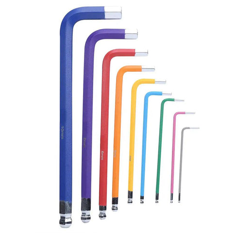 9 Piece Chrome Steel Hex Socket Wrench Set Color Coded CRV Heavy Duty Wrenches, featuring various sizes and colors for easy identification.