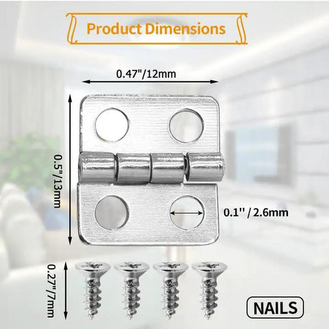 Hella Durable Mini Cabinet Hinges Offer A Crisp Silvery White Finish That Takes Daily Bashing Without Giving Out Includes Thirty Compact Units Ready For Any Quick Household Fix, showing dimensions and screws.