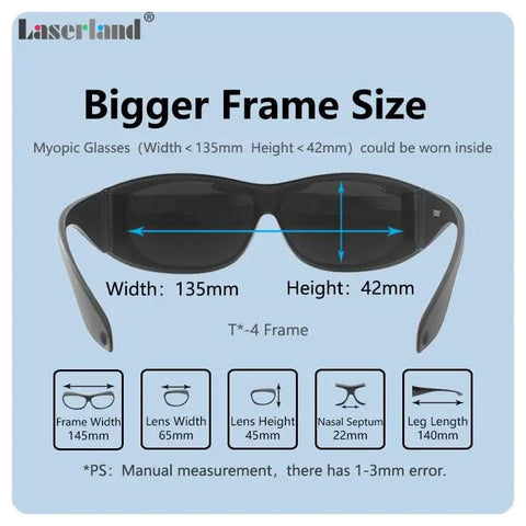 Multi-Wavelength OD6 Laser Safety Goggles With UV Blue And Green Light Filter For Precision Labs And Workshops Pro Level Eye Protection That Slays Hazards Durable Frames And CE Certified Gear You Can Trust size measurements labeled on a black frame.