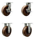 Eight Inch Phenolic Caster Set Extra Heavy Duty Top Plate Industrial Grade smooth rolling swivel wheels in a four-piece set.
