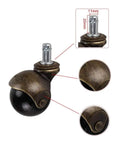 Super Slick Vintage Brass Stem Casters Set Of Four Swiveling Ball Bearing Wheels, detail of M11x20 stem and black wheel.