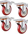 Heavy Duty Polyurethane Caster Wheels With Secure Brakes For Hassle Free Furniture Sliding On Wood Floors Or Carpet Butter Smooth Rolling Office Chair And Cart Mounting Plates Four Pack, showing red wheels and metal mounting plates.