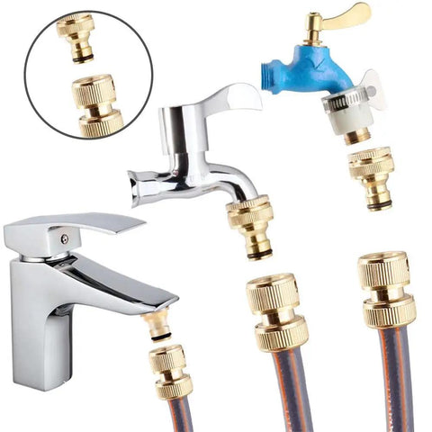Brass Hose Barb Connector Set 5 Pcs Water Pipe Fittings Pro Grade Universal Garden Adapters shown with faucets and hoses