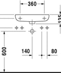 Technical diagram of D Code Hand Rinse Basin With Overflow, Rectangular Deck Mounted Sink With Rear Drain And Left Side Faucet Hole