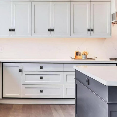 Modern kitchen with white cabinets featuring 10 Pack Matte Black Cabinet Backplates For Knobs 2.8 Inch Long By 0.98 Inch Wide
