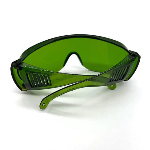 Badass OD5 Laser Protection Goggles Covering 190 To 470 Nm And 800 To 1700 Nm With Tough As Nails Shield, dark green color, polycarbonate lens.