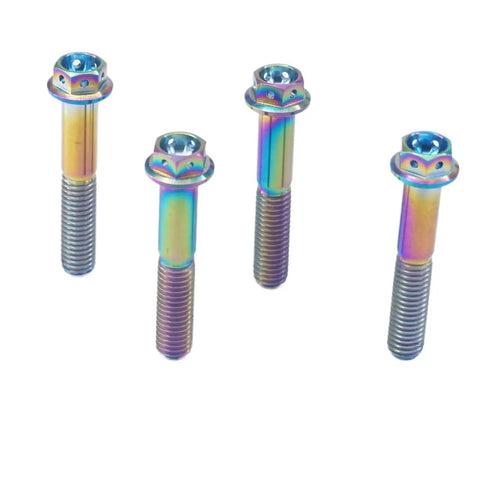Premium GR5 Titanium Motorcycle Flange Screws With Rainbow Gradient Plating M8 X 1 Point 25 X 45 Millimeter hex head bolts in a set of four.
