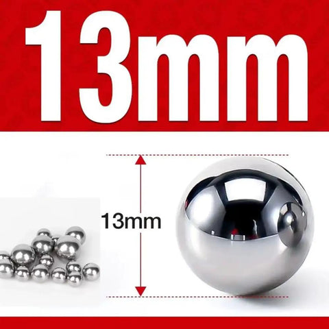 Top Shelf 40 Pieces Chrome Steel Bearing Balls 13mm G25 Precision Grade AISI52100 showing a 13mm chrome steel ball with measurement.