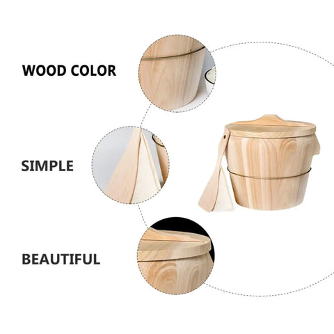 Smooth Wooden Rice Steamer Bucket With Detachable Basket Includes Lid And Serving Spoon For No Fuss Cleanup And Compact Storage A Kitchen Game Changer With Polished Finish Ready For Authentic Daily Meal Prep showing polished wood finish and simple design.