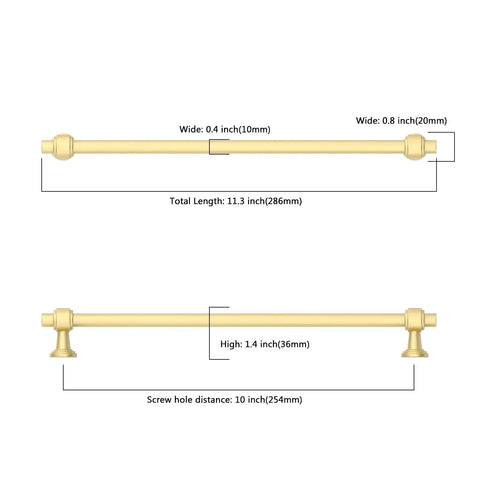 10 Pack 10 Inch Brushed Gold Cabinet Handles Built like a Truck Heavy Duty Bar Pulls for Kitchen Drawers Cupboards Dressers Gold Toned Hardware with measurements