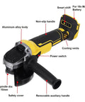 Heavy Hitter Brushless Cordless Angle Grinder With Variable Speed And 125 Mm Disc Cutting Action For Battery Powered DIY Projects and smooth metal grind work daily, showing non-slip handle and aluminum alloy body.