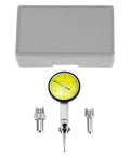 QWORK dial test indicator kit with yellow dial, two steel dovetail clamps, and gray plastic case (front view).