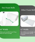 Badass Thick Foam Wrap Roll Moving Supplies 16 Inches Wide By 160 Feet Long shows comparison of 16" vs 12" foam rolls for packing.