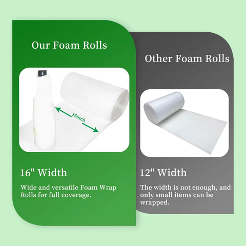 Badass Thick Foam Wrap Roll Moving Supplies 16 Inches Wide By 160 Feet Long shows comparison of 16" vs 12" foam rolls for packing.