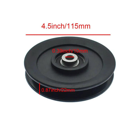 Universal Four Point Five Inch Nylon Gym Cable Pulley Wheel showing side view with measurements, 4.5 inch nylon for home workouts.