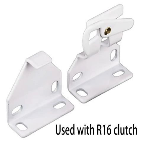 Rock-Solid R16 Roller Shade Brackets Set Of 2 White Metal Curtain Rod Mounts For Indoor Outdoor Heavy-Duty Durable Clutch Support Hardware Pro-Grade Build Quality No-Fuss Installation, white metal brackets for R16 clutch.