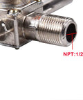 Close-up of Real Badass Heavy Duty Dual Outlet Air Compressor Manifold NPT Zinc Alloy Splitter Valve showing NPT:1/2 connection.