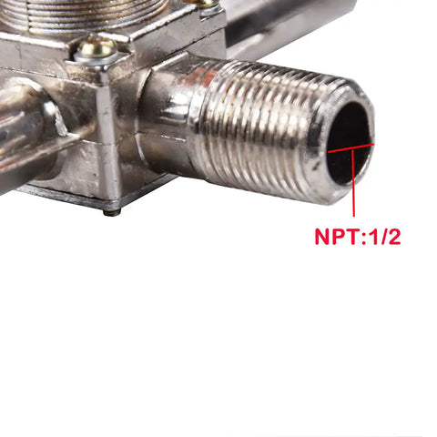Close-up of Real Badass Heavy Duty Dual Outlet Air Compressor Manifold NPT Zinc Alloy Splitter Valve showing NPT:1/2 connection.