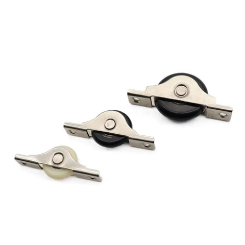 Straight Shooting Shower Door Rollers And Heavy Duty Sliding Track Wheels With Bulletproof Nylon Ball Bearings, three sizes with metal brackets.