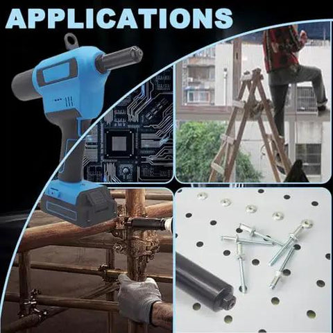 20V Cordless Electric Rivet Gun Tool Free Head Swap One Touch Power used for various applications like construction and DIY.