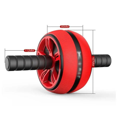 Beast Mode Ab Wheel Roller With Thick Foam Elbow Pads To Rip Out Your Abs And Stack Gains Across The House Without Hurting Your Wrists Using Non Slip Rubber Wheel, red design, detailed measurements.