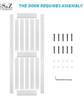 Solid 46 Inch By 80 Inch MDF Barn Door Plus Eight Foot Rolling Hardware Kit And Ultra Waterproof PVC Surface Tough As Nails For Sleek Modern Room Separators Inside assembly parts including door panels, screws, and tools.