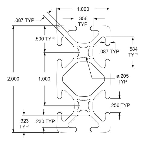 Beefy Pro Level One By Two Inch T Slotted Aluminum Extrusion Bar With Six Broad Channels And Sleek Clear Anodized Coat design dimensions diagram.