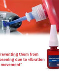 Medium Strength Thread Locker Adhesive For Nuts Bolts And Screws Removable Locking Glue 5 Gram Bottle Keeps Fasteners From Loosening In Vehicles Machinery And Home Projects shown being applied to a bolt.