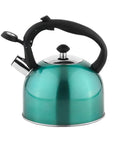 Stainless Steel Whistling Tea Kettle 2.3 Liter Fast Boil For Tea And Coffee Food Grade Build Ergonomic Handle Teal Color View