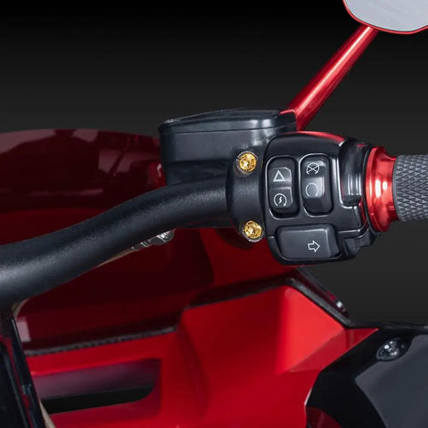 Fresh Gold Titanium Handlebar Clamp Bolts And Brake Clutch Perch Screws shown on motorcycle handlebars with controls.