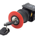 Top Shelf Rock Solid 22Mm Red Emergency Stop Push Button And Key Reset Switch With Mushroom Head showing key inserted.