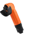 Heavy Duty Pneumatic Angled Grinder With Air Powered Motor For Metal And Wood Grinding Polishing Cutting At 15000 Rpm showing orange ergonomic handle.