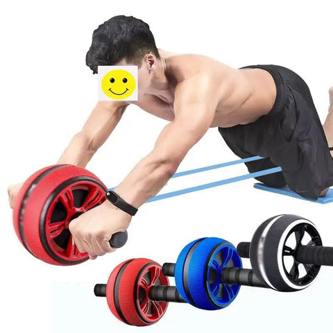 Man using Beast Mode Ab Wheel Roller With Thick Foam Elbow Pads for ab exercise with red and blue rollers visible.