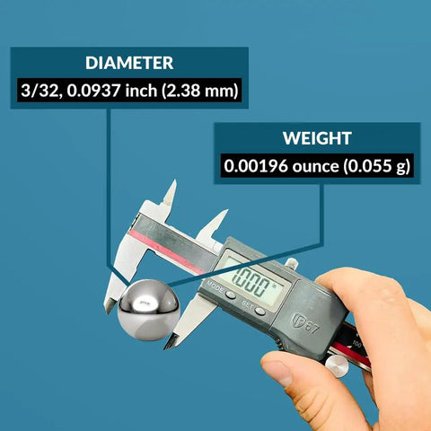 Caliper measuring 3/32 inch diameter and weight of Straight Up Pro Grade Chrome Steel Bearing Balls Grade G25.