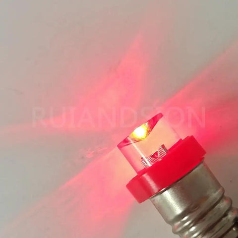 10 Pack 12V E10 Mini Screw Led Indicator Bulbs Featuring Smooth Negative Earth Wiring, Legit Red Glow For Dash Gauges, Vintage Radios, And Holiday Strings, close-up of glowing red LED bulb.