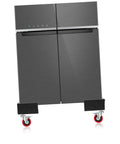 Heavy Duty Swivel Caster Wheels Four Pack With Extended Stems For Tool Carts And Hand Trucks Smooth Rollin stainless steel wheels on a fridge.