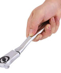 Person holding the Premium Chrome Multitool Ratchet Wrench with Ergonomic Handle, showcasing its shiny chrome finish.