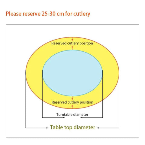 Diagram showing cutlery space and dimensions for Hella Smooth 360 Swivel Tempered Glass Lazy Susan Turntable.