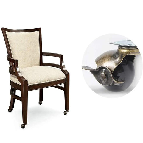 Rock Solid Swivel Castor Wheels With Secure Brake Vintage Bronze Polyurethane Rubber Rollers Super Quiet Glide Heavy Duty Furniture Replacement Casters Set Of Four Pieces mounted on a stylish wooden chair.