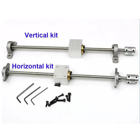 Top Rated 3D Printer T8 Lead Screw Kit Horizontal Set Featuring Stainless Steel T8 Trapezoidal Screw With All Copper Nut And Square Seat Available In 400mm Length For Smooth Stepper Motor Drives And Great Engraving Performance, vertical and horizontal kit with coupler
