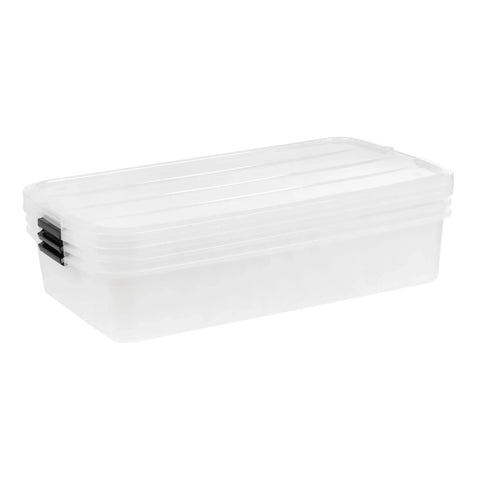 Heavy Duty 50 Quart Stackable Plastic Storage Bins With Snap Tight Secure Lids Clear Organizers For Home Office Dorm Room Garage No Sweat Bulk Pack Of Three, shown stacked.