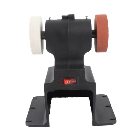 Rock Solid Mini Bench Grinder Featuring 18V Cordless Battery Power And A No Nonsense 250W Motor, front view with white and red polishing wheels.
